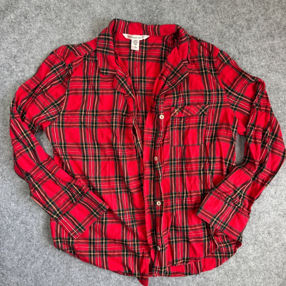 Victoria's Secret Women Pajama Top Medium Red Plaid Button Front Cotton Blend
